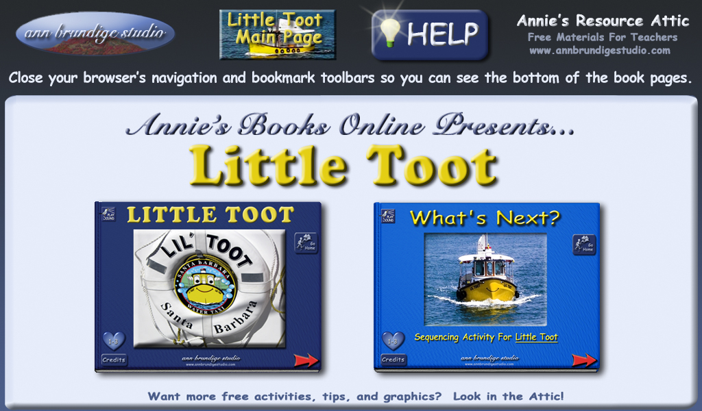 �2020 ABS Annie Books Online Menu Graphic for Little Toot and What's Next?